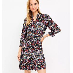 LOFT Floral Button Front Tiered Multicolor Floral Long Sleeve Dress Size XL